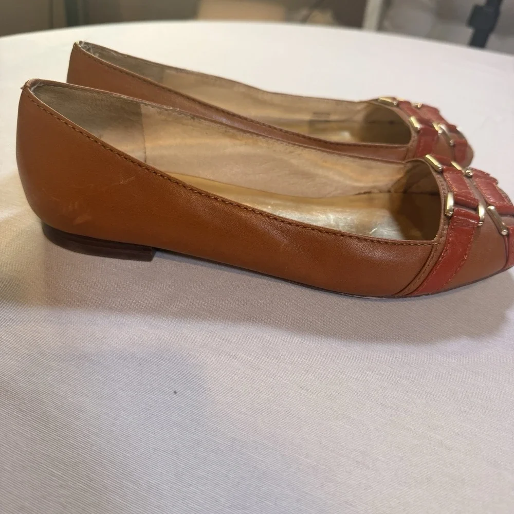Michael Kors Open-Toe Ballerina Flat 8M Leather Quiet Luxury Preppy Office Brown